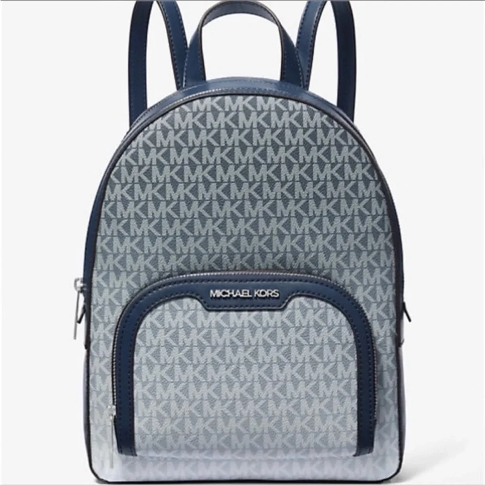 MICHAEL KORS Jaycee Medium Ombré Signature Logo Zip Pocket Backpack Navy NWT